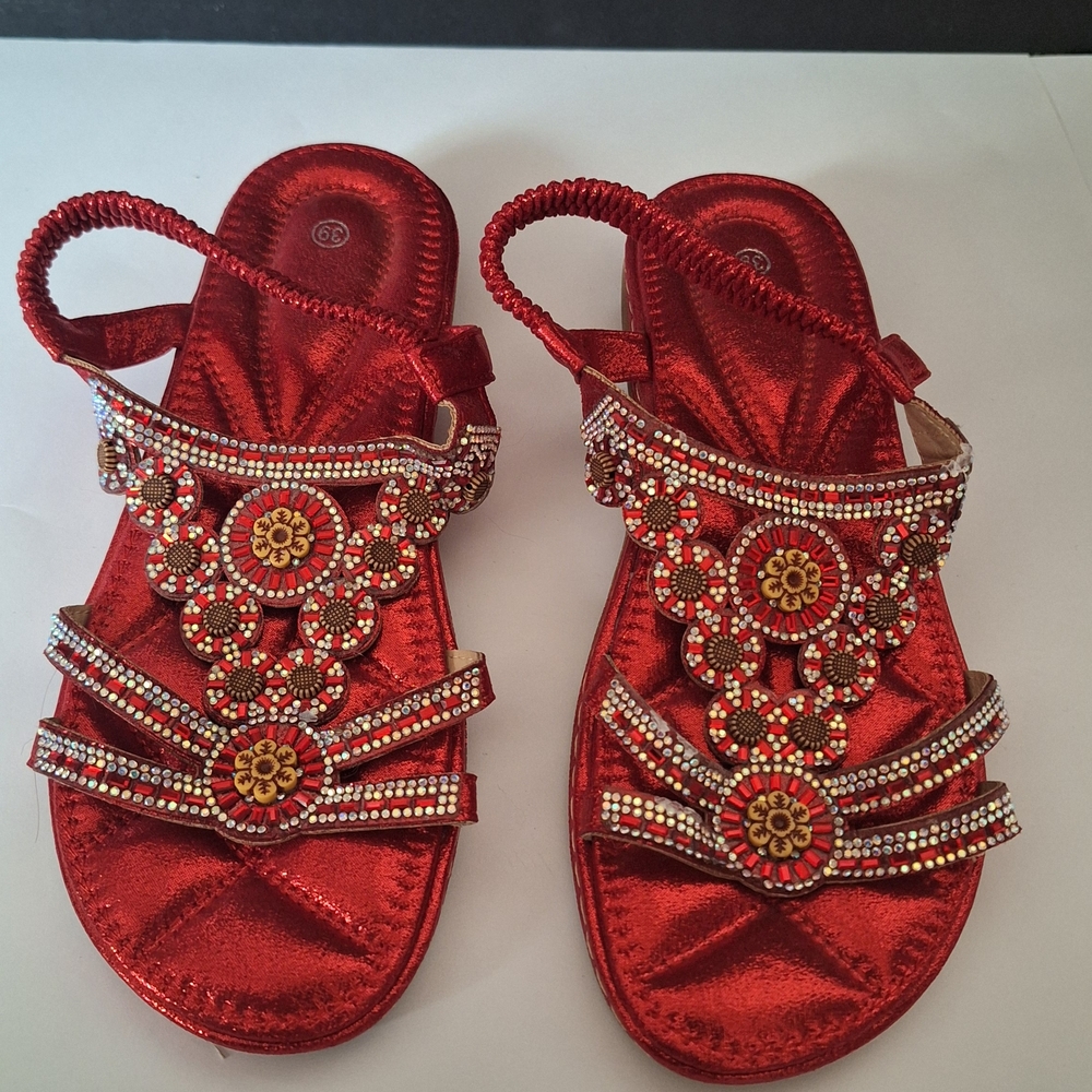 Dazzling Red Bohemian Embellished Women's Flat Slip On Sandals Size 39